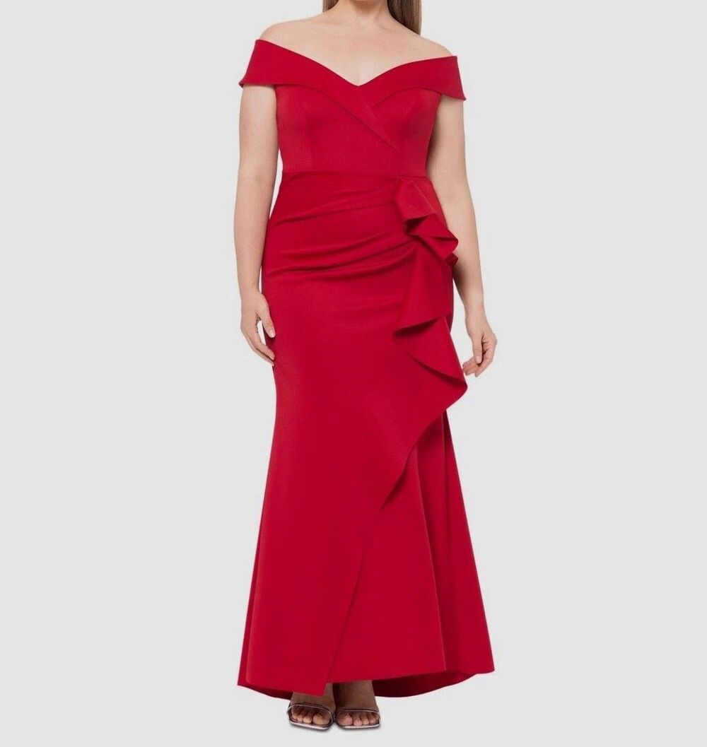 Xscape 18W Scuba Knit Off Shoulder Draped Red Gown Evening Formal Bombshell